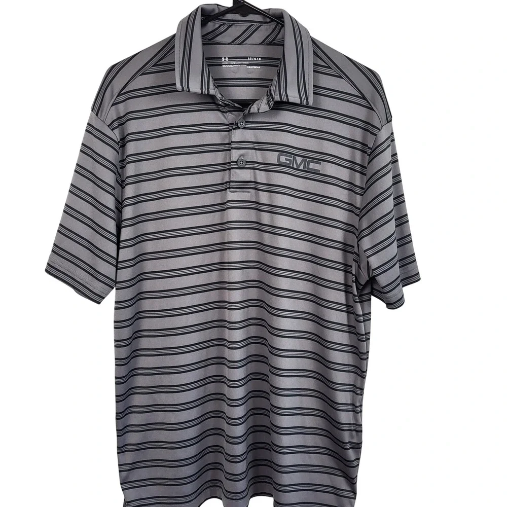 Under Armour HeatGear Polo Shirt Mens Large Gray Striped GMC Golf Performance‎